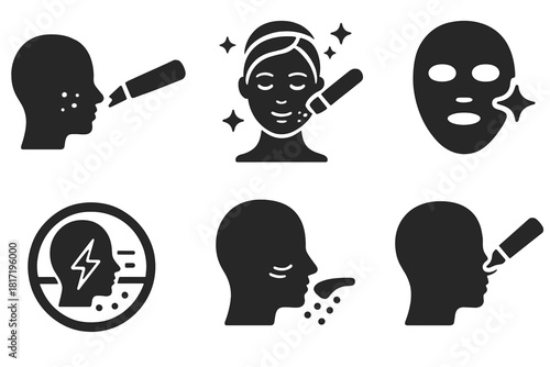 Dermatology Plasma Icons. Solid style icons of plasma in dermatology: acne treatment with plasma symbol, glowing facial tool,