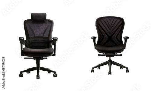 Two black ergonomic office chairs with mesh backrest isolated on white background or transparent png