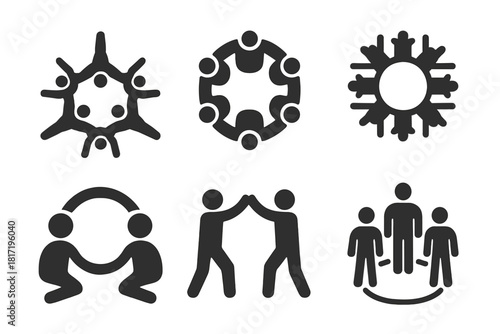 Skydiving Group Dynamics Icons. Solid style icons of group dynamics: five-way dive icon, six-way pattern badge, eight-skydiver