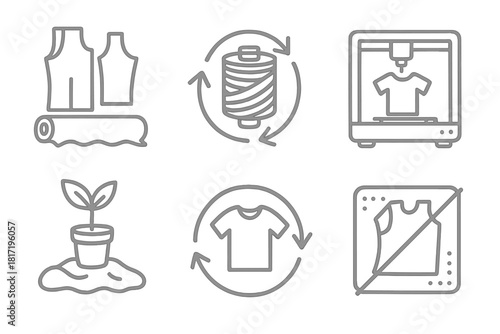 3D Fashion Sustainability Icons. Line style icons of sustainability in 3D fashion: zero-waste design, recycled filament loop,