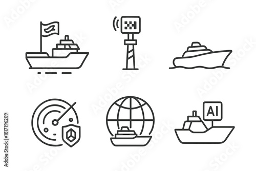 Autonomous Ship Icons. Line style icons of autonomous ship branding: company flag on hull, digital logo on mast, unique ship