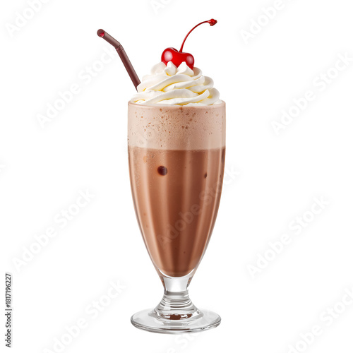 Chocolate Milkshake Topped With Whipped Cream and Cherry in a Tall Glass