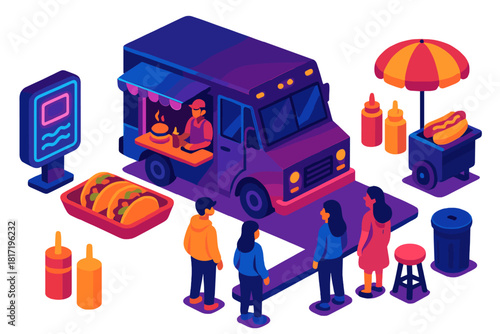Vibrant Urban Nightlife. Isometric vector illustration set Urban nightlife – street food truck, neon menu board, serving window;