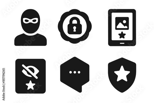 Anonymized Art Reviews. Solid style icons of anonymized art reviews: masked critic icon, encrypted rating badge, review on dark