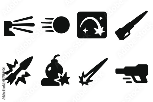 Ranged Attack Icons. Solid style icons of ranged attack animations: laser burst icon, plasma bolt loop, energy arc panel. Railgun