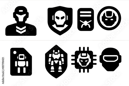 Futuristic Military Icons. Solid style icons of futuristic military ranks: AI general icon, combat unit leader badge, drone