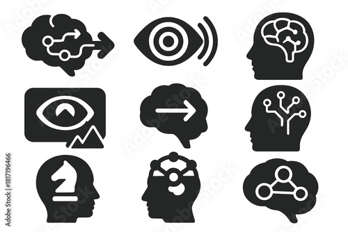 Future Thinking Icons. Solid style icons of future thinking and planning: brain projecting path, foresight wave icon, scenario