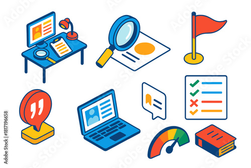 Media Fact-Checking Icons. Isometric vector illustration set News and media – fact-checking desk, magnifying glass, source