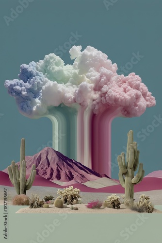 surreal desert with pastel clouds rising over mountain creating dreamy artistic scene in vibrant modern design
