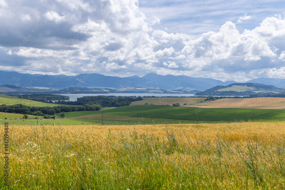 Fototapeta premium Liptovska Mara lake with rolling crop fields, Slovakia