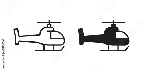 Helicopter icon flat and thin stroke vector pack. Editable icons set