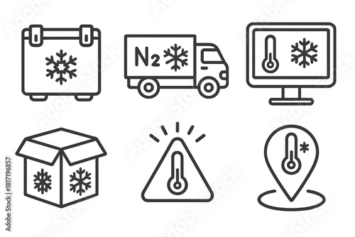 Cryogenic Transport Icons. Line style icons of cryogenic transport: thermal container crate, nitrogen-cooled truck, transport