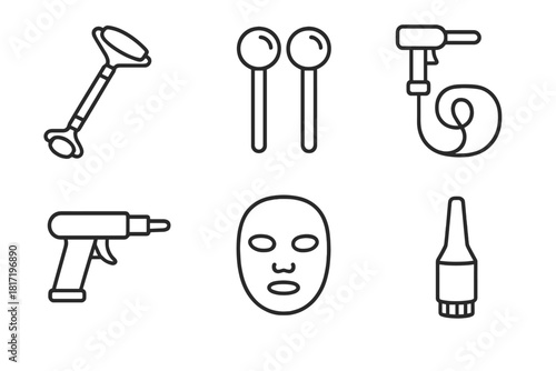 Cryo Facial Icons. Line style icons of cryo facial therapy tools: metal facial roller, ice globe applicators, cold wand with wire,