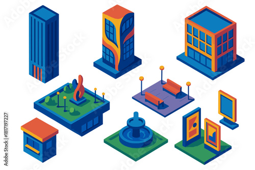 Vibrant Skyline Structures. Isometric vector illustration set Skyscraper silhouettes – art museum tower, sculptural façade,