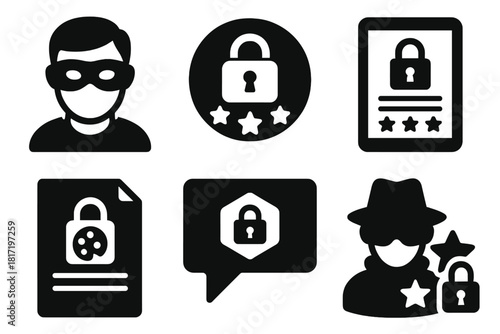 Anonymized Art Reviews. Solid style icons of anonymized art reviews: masked critic icon, encrypted rating badge, review on dark