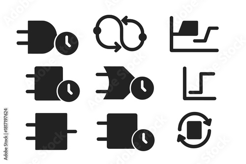 Temporal Logic Icons. Solid style icons of temporal logic circuits: logic gate with clock icon, flip-flop state diagram,