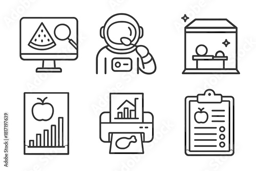 Food Science Icon Set. Line style icons of food science lab: food analysis monitor, taste testing astronaut, sealed lab