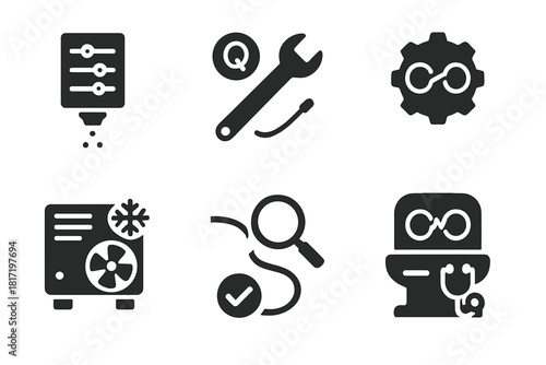 Teleportation System Icons. Solid style icons of teleportation system maintenance: calibration tool with beam, qubit tuner wrench,