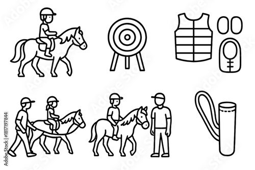 Youth Archery Icons. Line style icons of mounted archery for youth: child rider icon, low height target, padded gear set, training