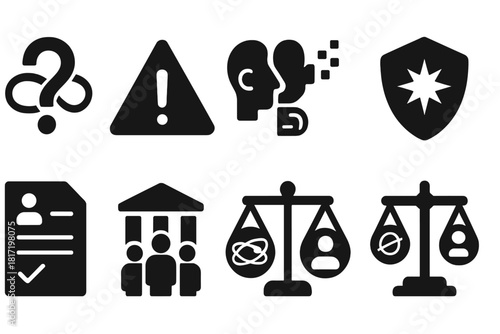 Teleportation Ethics Icons. Solid style icons of teleportation ethics and debate: question mark with entangled ring, identity