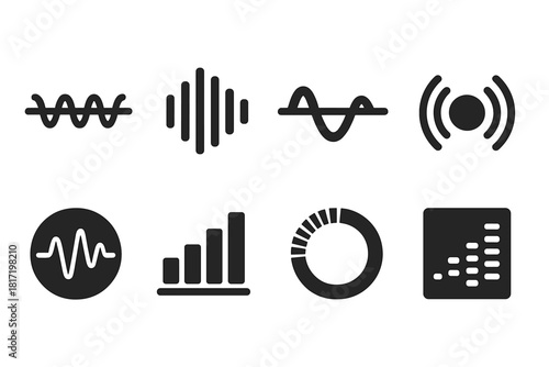 Sound Wave Icons. Solid style icons of sound wave types: longitudinal wave icon, compressional pattern, transverse wave in 3D.