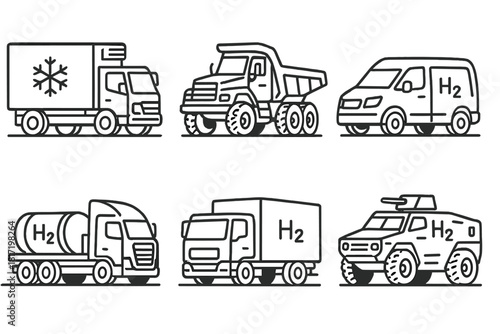 Hydrogen Truck Icons. Line style icons of hydrogen truck variants: refrigerated H2 truck, off-road H2 hauler, urban hydrogen van,