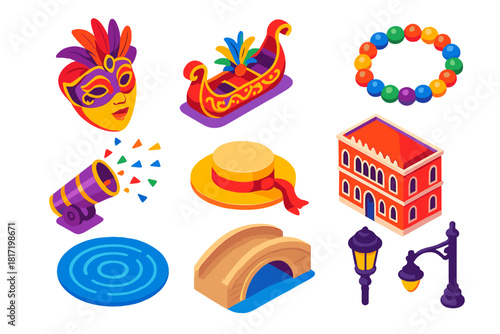 Venetian Cultural Heritage Icons. Isometric vector illustration set Cultural heritage – Venetian mask, carnival float, glass bead