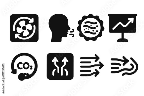 Airflow System Icons. Solid style icons of air circulation systems: life support fan glyph, oxygen flow icon, filter badge. CO₂