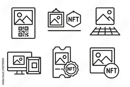 NFT Bridge Icons. Line style icons of physical-digital NFT bridges: photo print with QR code, gallery wall + token, AR image in