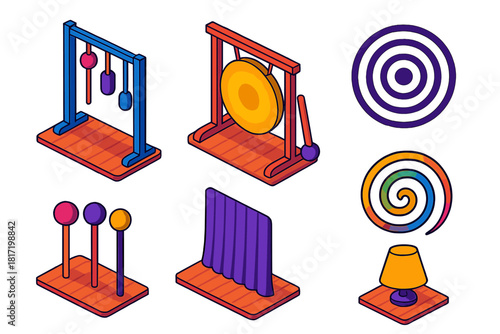 Sound Therapy Icons. Isometric vector illustration set Sound therapy – gong mallet rack, soft mallets, hard mallets; gong circle,