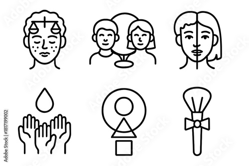 Gender-Neutral Beauty Icons. Line style icons of beauty without binary: equal scale over skin, shared mirror reflection, face