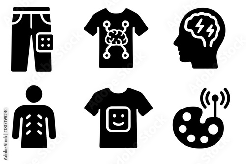 Smart Fashion Icons. Line style icons of Brain-Computer Fashion: smart pants with sensor panel, interactive fashion circuit, brain