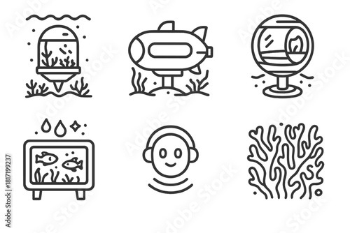 Underwater Hotel Icons. Line style icons of future underwater hotel concepts: floating reef capsule, hybrid submarine lodge,