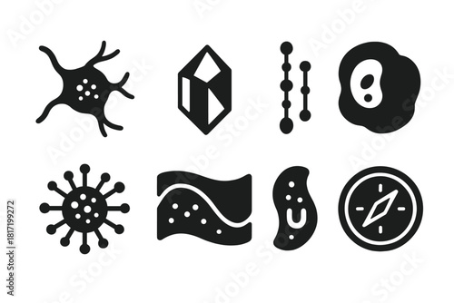Magnetic Particles Icons. Solid style icons of magnetic particles in cells: magnetite cluster in neuron, iron crystal icon,