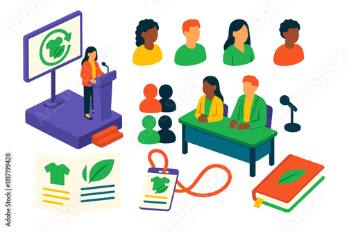 Sustainable Fashion Conference. Isometric vector illustration set Sustainable fashion – ethical fashion conference stage, speaker