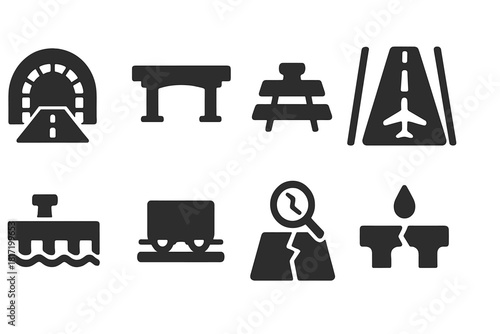 Transportation Infrastructure Icons. Solid style icons of transportation infrastructure: tunnel lining, overpass slab, railway