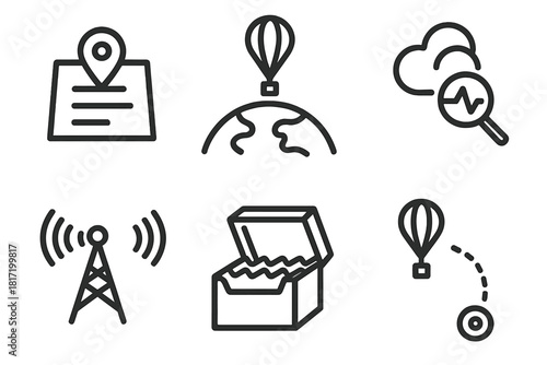 High-Altitude Balloon Icons. Line style icons of High-Altitude Ballooning: position update sheet, balloon shadow from space,