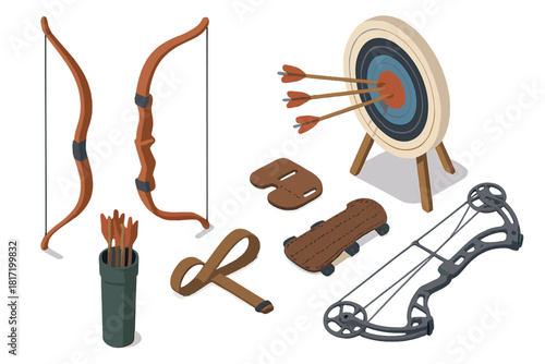 Isometric Archery Gear. Isometric vector illustration set Archery gear: recurve bow with string, target board with arrows, quiver
