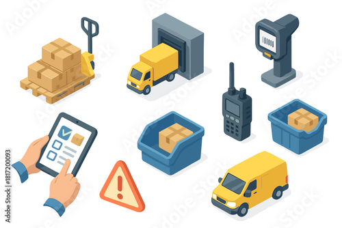 Isometric Logistics Icons. Isometric vector illustration set of Logistics and Delivery: shipment pallet jack, loading dock,