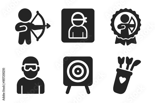 Youth Archery Icons. Solid style icons of youth training programs: child with bow icon, youth blindfold panel, guided beginner