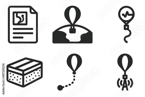 High-Altitude Balloon Icons. Line style icons of High-Altitude Ballooning: position update sheet, balloon shadow from space,