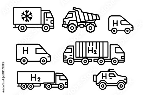 Hydrogen Truck Icons. Line style icons of hydrogen truck variants: refrigerated H2 truck, off-road H2 hauler, urban hydrogen van,