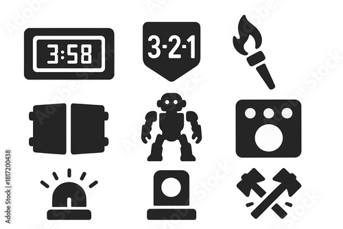 Robotic Match Countdown. Solid style icons of countdown and match start: digital timer slab, 3-2-1 badge, signal flare icon. Arena