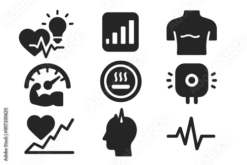 Biofeedback Icon Collection. Solid style icons of biofeedback systems: heartbeat curve + light icon, signal strength meter, body