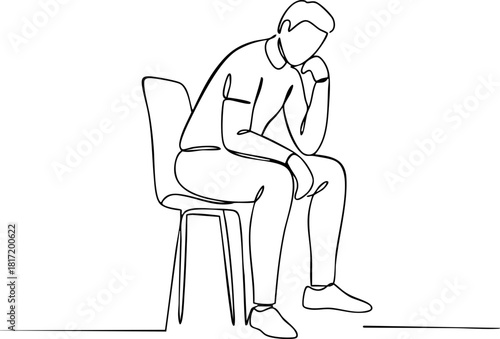 One line art of thoughtful man sitting, contemplating life, or pondering decision in contemporary style. Continuous line art shows thoughtful man contemplating solution,