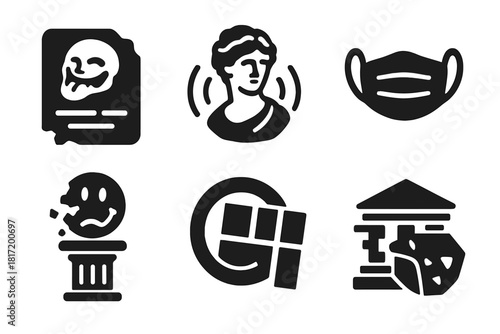 Memetic Decay Icons. Solid style icons of memetic decay and remix: faded meme slab, broken caption lines, decomposing emoji