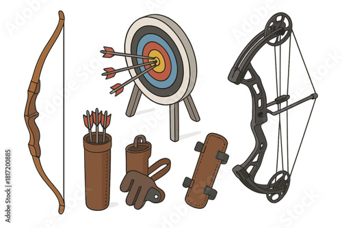 Isometric Archery Gear. Isometric vector illustration set Archery gear: recurve bow with string, target board with arrows, quiver