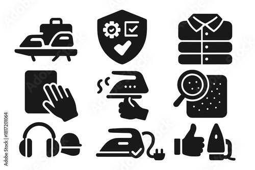 Pre-Contest Prep Icons. Solid style icons of pre-contest prep scenes: ironing kit packing icon, gear checklist badge, folded shirt