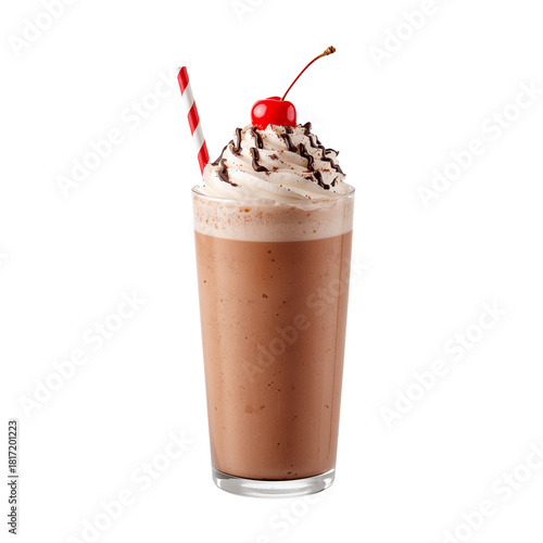 Chocolate Milkshake Topped With Whipped Cream and Cherry in a Tall Glass