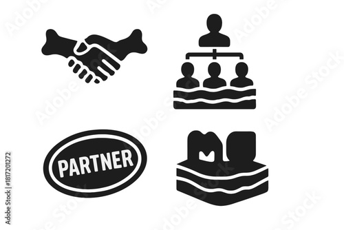 Merger Icons Fossils. Solid style icons of merger & acquisition fossils: handshake with bones icon, layered org chart, old partner